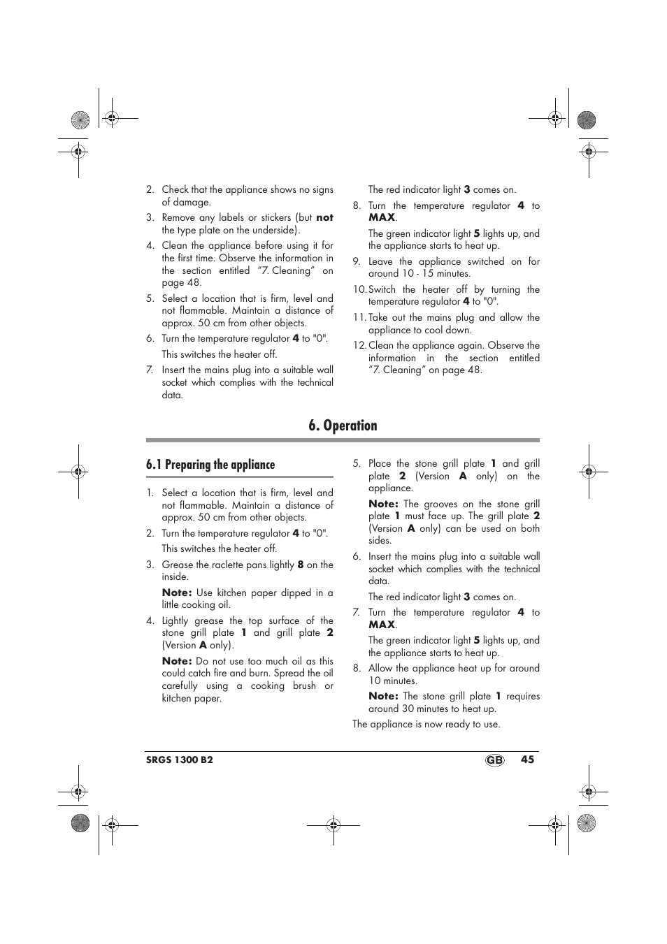 Operation, 1 preparing the appliance | Silvercrest SRGS 1300 B2 User Manual | Page 47 / 54