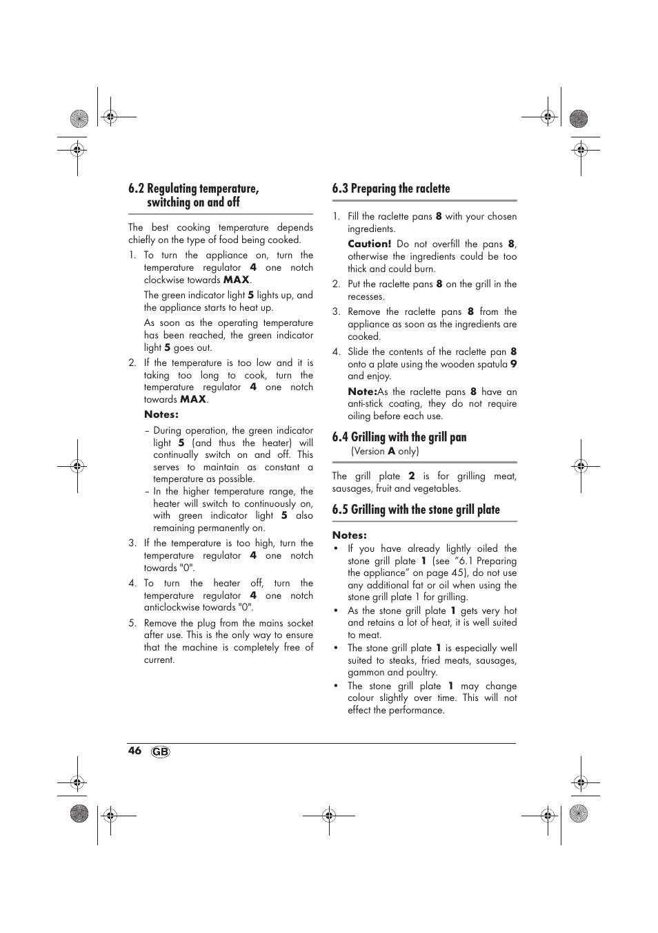 2 regulating temperature, switching on and off, 3 preparing the raclette, 4 grilling with the grill pan | 5 grilling with the stone grill plate | Silvercrest SRGS 1300 B2 User Manual | Page 48 / 54