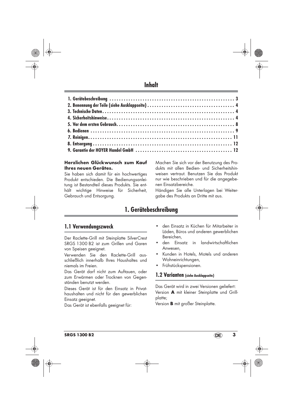 Inhalt, Gerätebeschreibung, 1 verwendungszweck | 2 varianten | Silvercrest SRGS 1300 B2 User Manual | Page 5 / 54