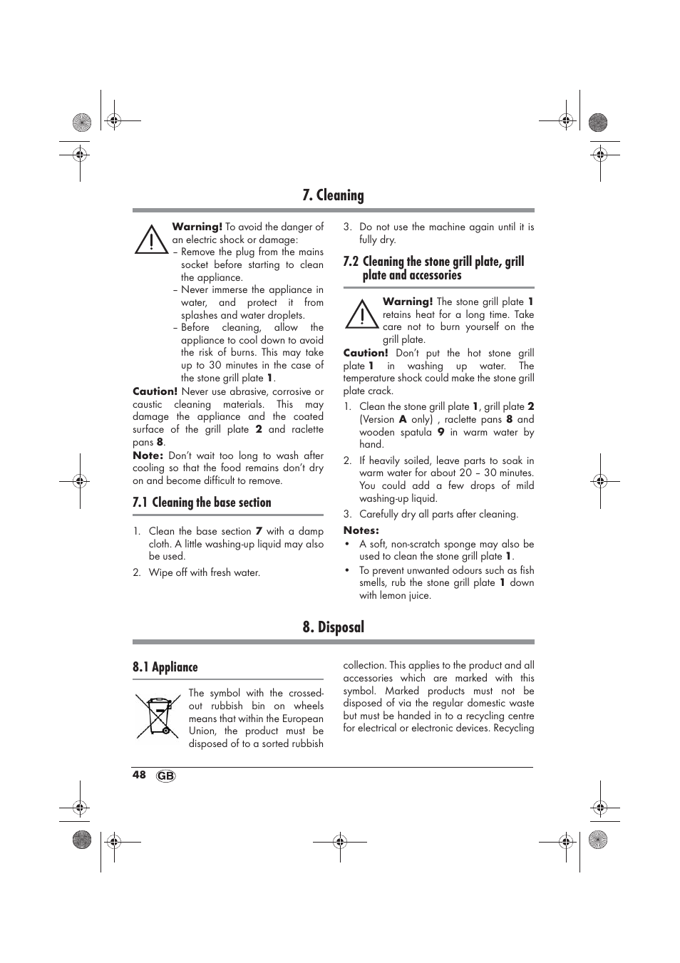 Cleaning, Disposal, 1 appliance | Silvercrest SRGS 1300 B2 User Manual | Page 50 / 54