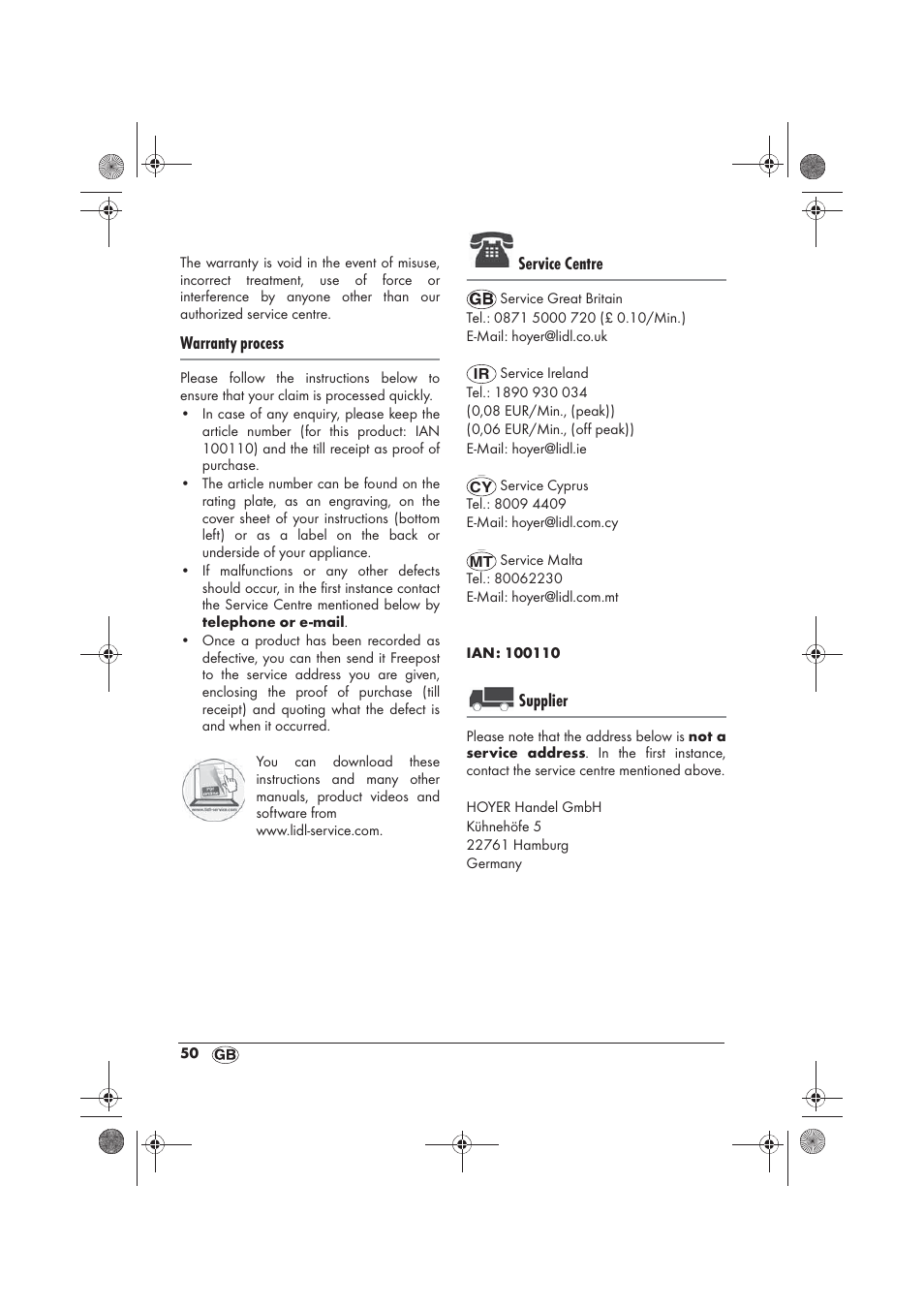 Warranty process, Service centre, Supplier | Silvercrest SRGS 1300 B2 User Manual | Page 52 / 54