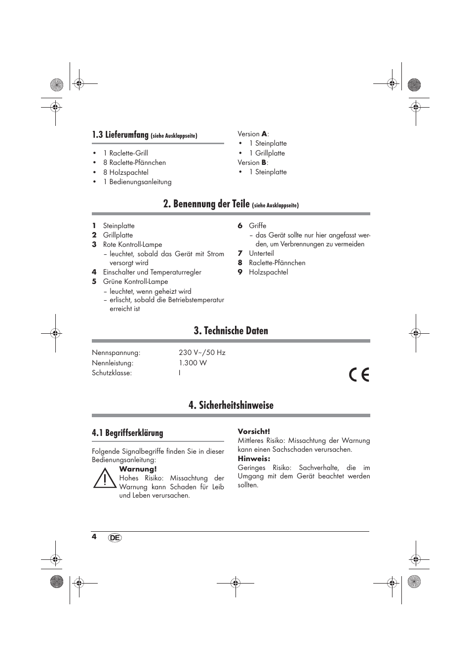 Benennung der teile, Technische daten, Sicherheitshinweise | 3 lieferumfang, 1 begriffserklärung | Silvercrest SRGS 1300 B2 User Manual | Page 6 / 54