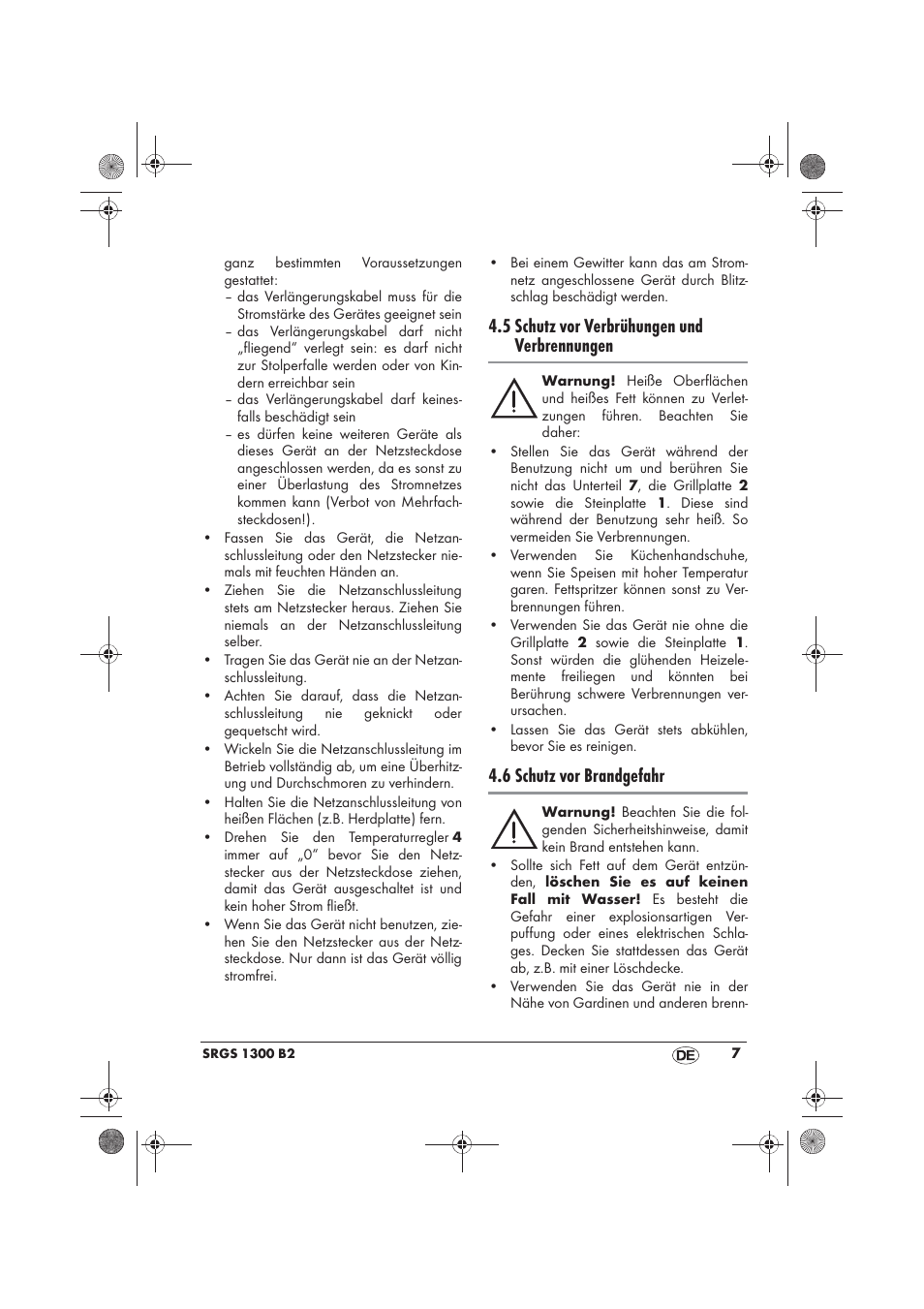 5 schutz vor verbrühungen und verbrennungen, 6 schutz vor brandgefahr | Silvercrest SRGS 1300 B2 User Manual | Page 9 / 54