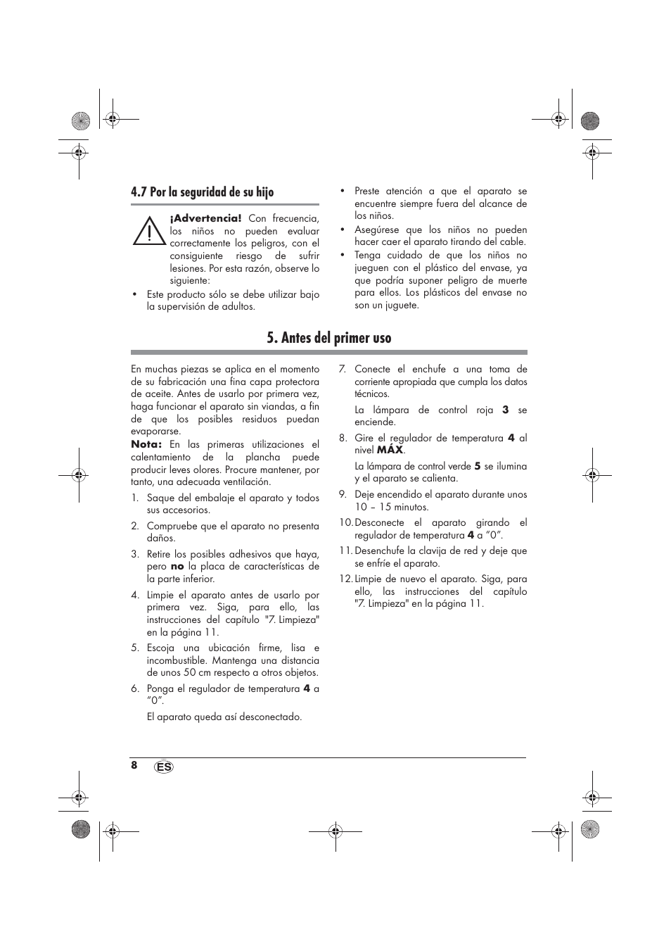 Antes del primer uso, 7 por la seguridad de su hijo | Silvercrest SRGS 1300 B2 User Manual | Page 10 / 66