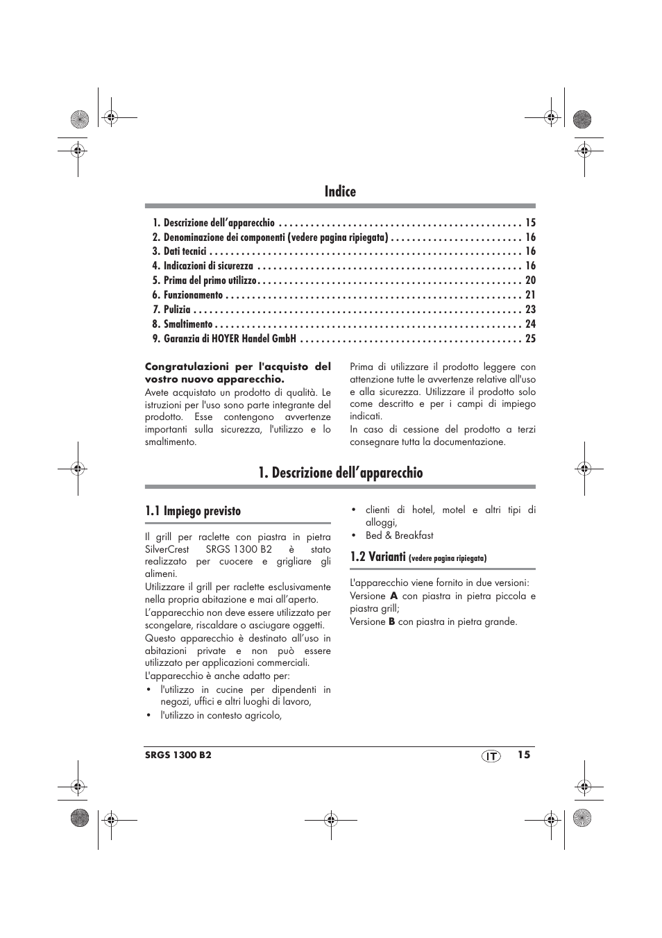 Indice, Descrizione dell’apparecchio, 1 impiego previsto | 2 varianti | Silvercrest SRGS 1300 B2 User Manual | Page 17 / 66