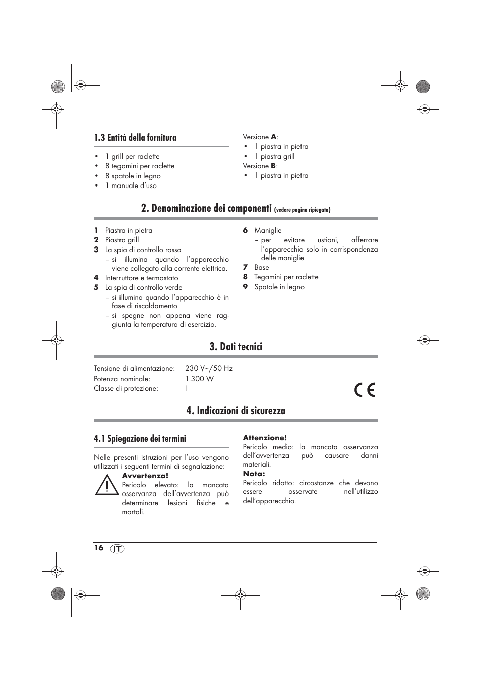 Denominazione dei componenti, Dati tecnici, Indicazioni di sicurezza | 3 entità della fornitura, 1 spiegazione dei termini | Silvercrest SRGS 1300 B2 User Manual | Page 18 / 66