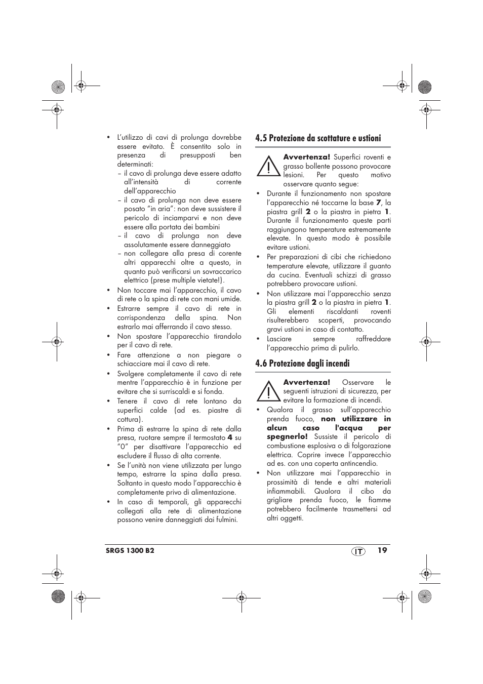 5 protezione da scottature e ustioni, 6 protezione dagli incendi | Silvercrest SRGS 1300 B2 User Manual | Page 21 / 66