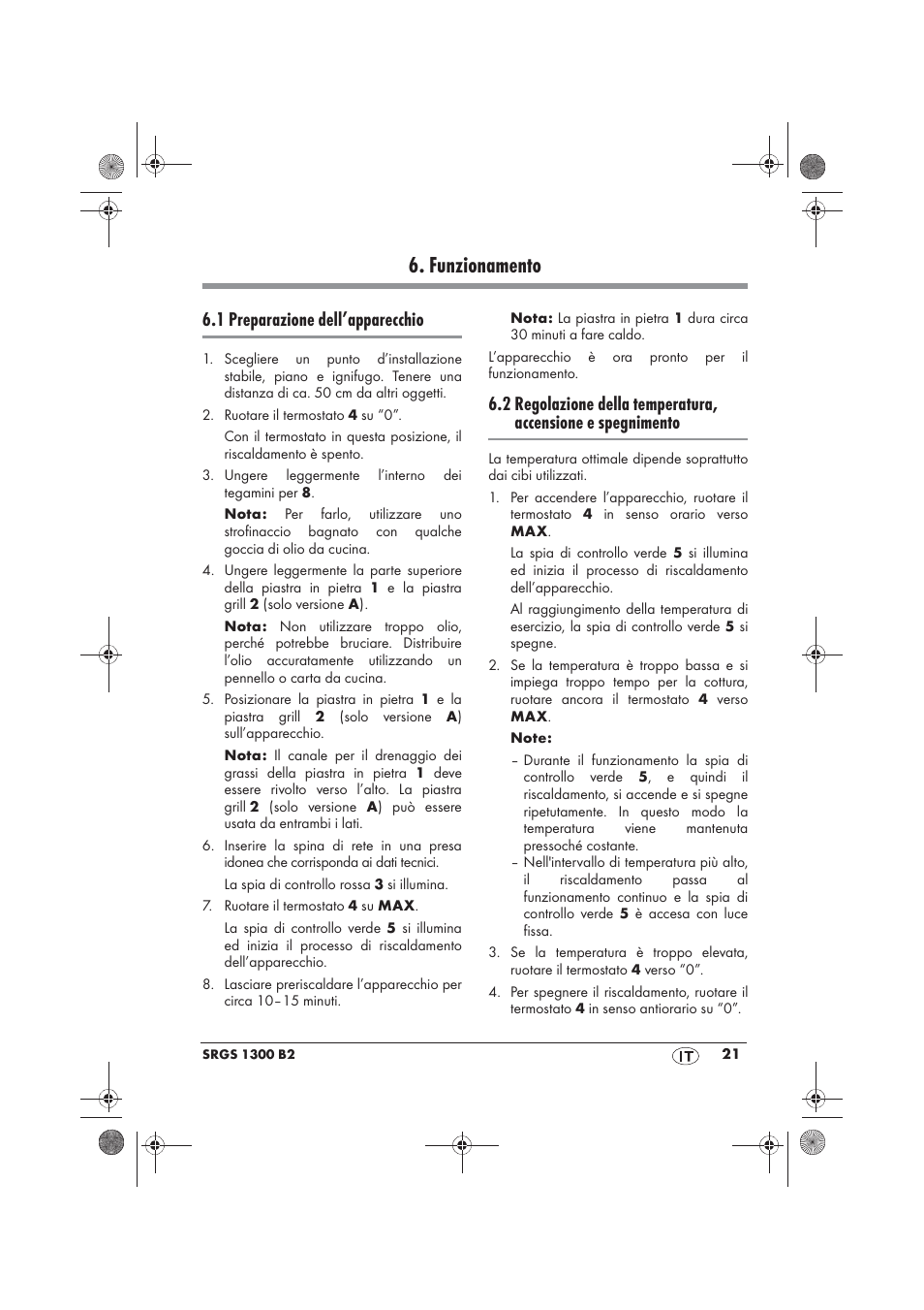 Funzionamento, 1 preparazione dell’apparecchio | Silvercrest SRGS 1300 B2 User Manual | Page 23 / 66