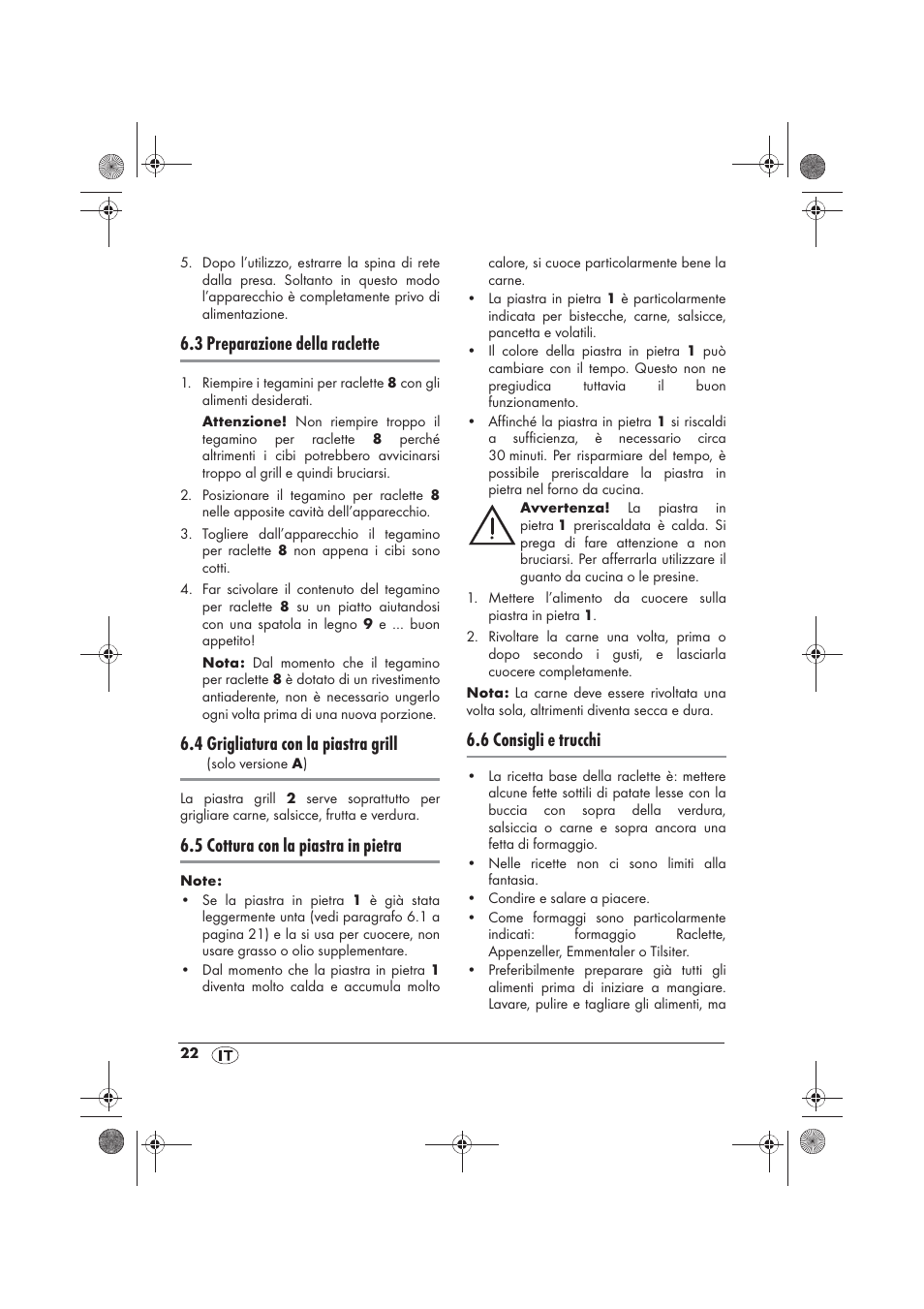 3 preparazione della raclette, 4 grigliatura con la piastra grill, 5 cottura con la piastra in pietra | 6 consigli e trucchi | Silvercrest SRGS 1300 B2 User Manual | Page 24 / 66