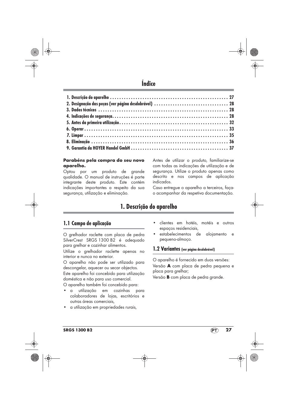 Índice, Descrição do aparelho, 1 campo de aplicação | 2 variantes | Silvercrest SRGS 1300 B2 User Manual | Page 29 / 66