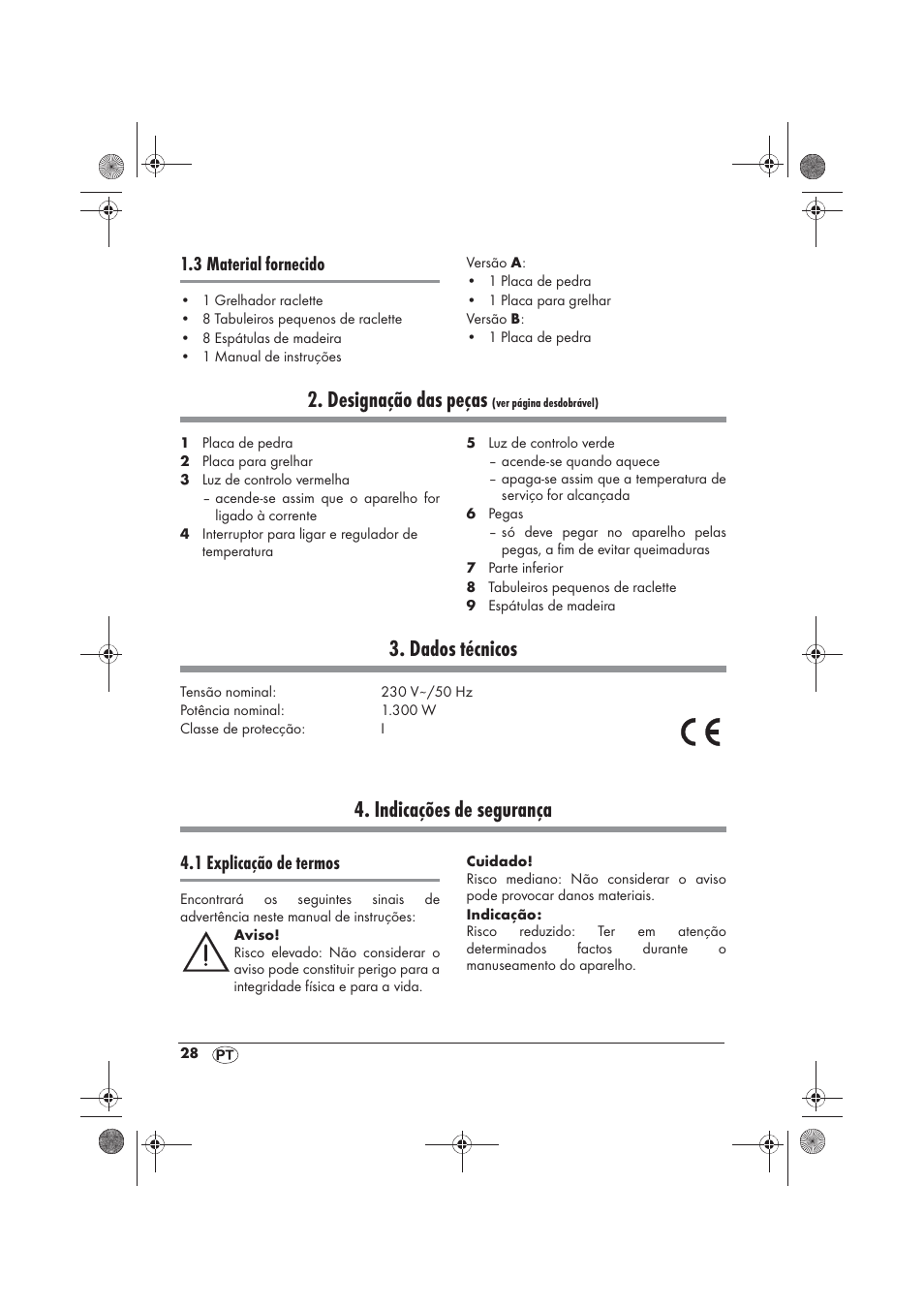 Designação das peças, Dados técnicos, Indicações de segurança | 3 material fornecido, 1 explicação de termos | Silvercrest SRGS 1300 B2 User Manual | Page 30 / 66