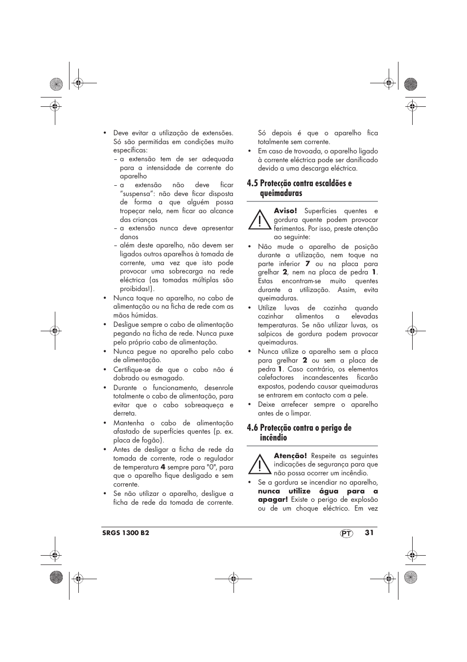 5 protecção contra escaldões e queimaduras, 6 protecção contra o perigo de incêndio | Silvercrest SRGS 1300 B2 User Manual | Page 33 / 66