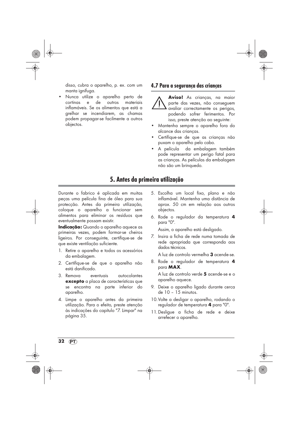 Antes da primeira utilização, 7 para a segurança das crianças | Silvercrest SRGS 1300 B2 User Manual | Page 34 / 66