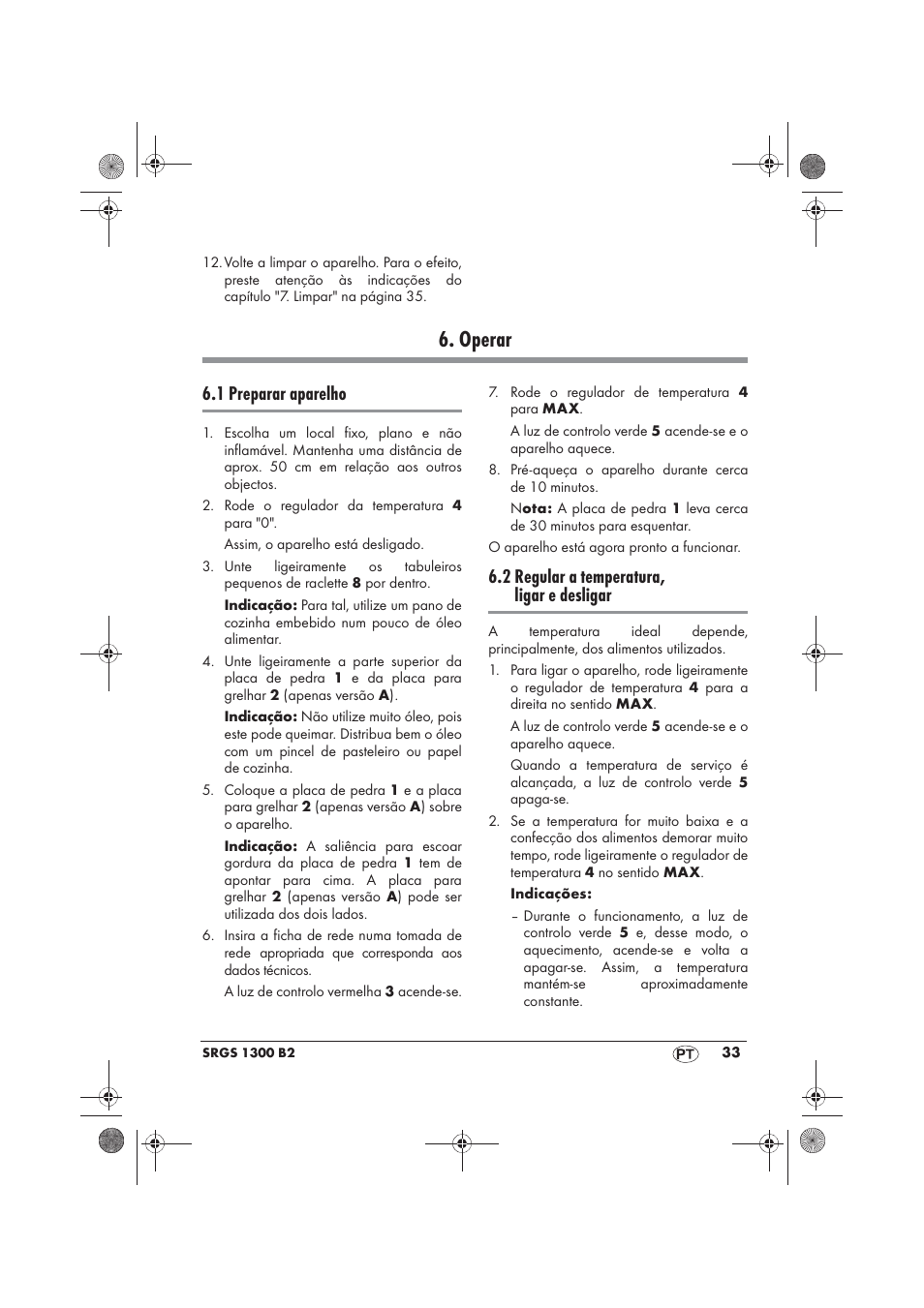 Operar, 1 preparar aparelho, 2 regular a temperatura, ligar e desligar | Silvercrest SRGS 1300 B2 User Manual | Page 35 / 66