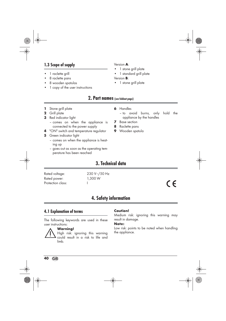 Part names, Technical data, Safety information | 3 scope of supply, 1 explanation of terms | Silvercrest SRGS 1300 B2 User Manual | Page 42 / 66