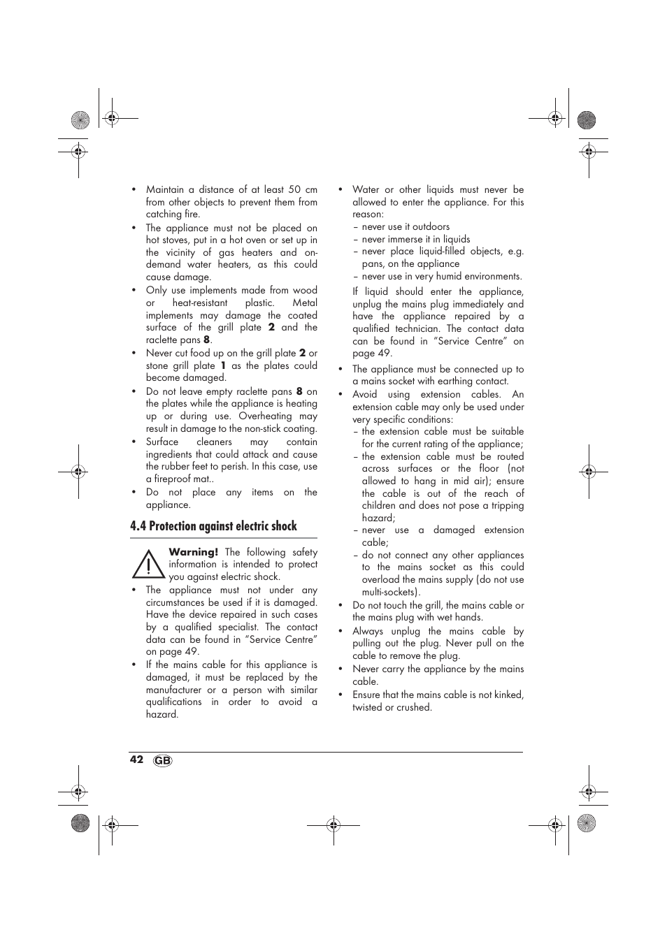 4 protection against electric shock | Silvercrest SRGS 1300 B2 User Manual | Page 44 / 66