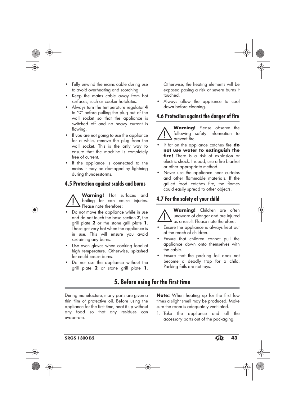 Before using for the first time, 5 protection against scalds and burns, 6 protection against the danger of fire | 7 for the safety of your child | Silvercrest SRGS 1300 B2 User Manual | Page 45 / 66