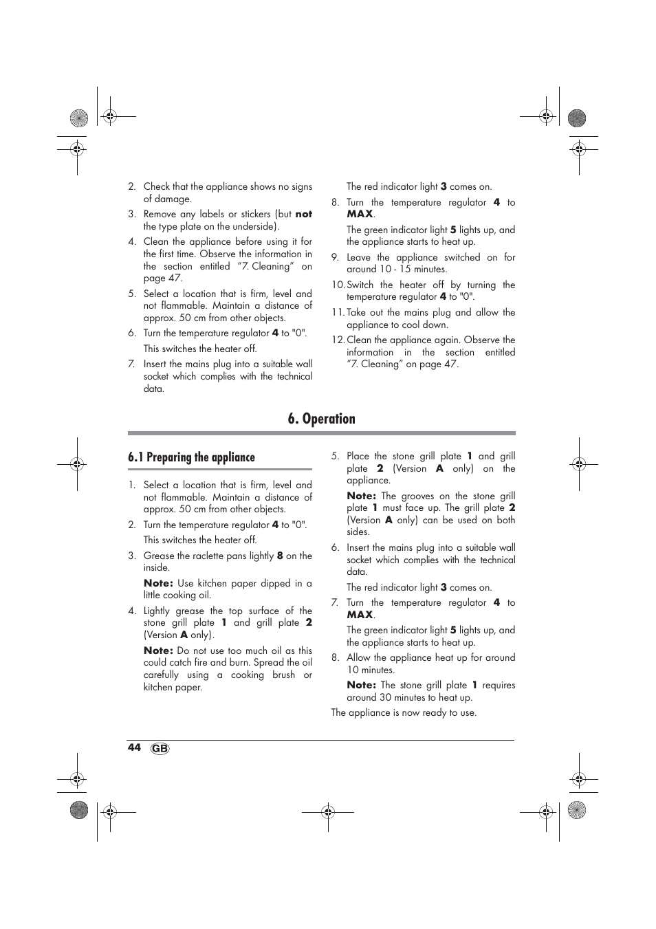 Operation, 1 preparing the appliance | Silvercrest SRGS 1300 B2 User Manual | Page 46 / 66