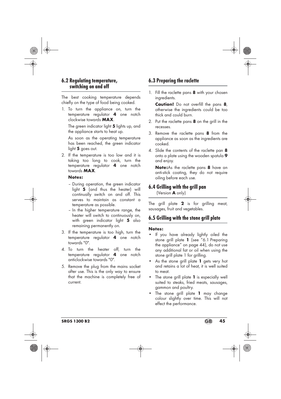 2 regulating temperature, switching on and off, 3 preparing the raclette, 4 grilling with the grill pan | 5 grilling with the stone grill plate | Silvercrest SRGS 1300 B2 User Manual | Page 47 / 66