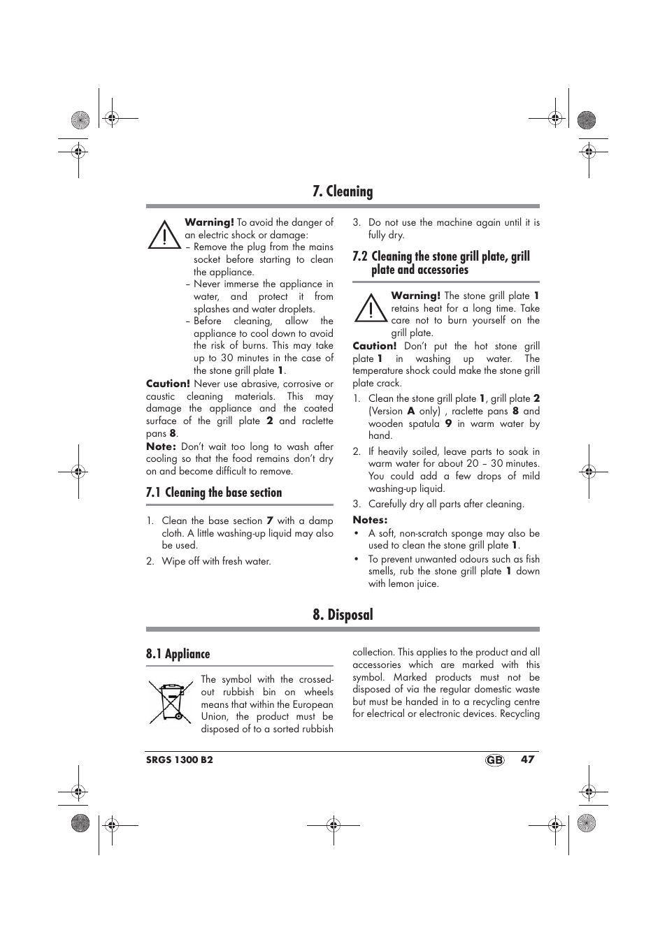 Cleaning, Disposal, 1 appliance | Silvercrest SRGS 1300 B2 User Manual | Page 49 / 66