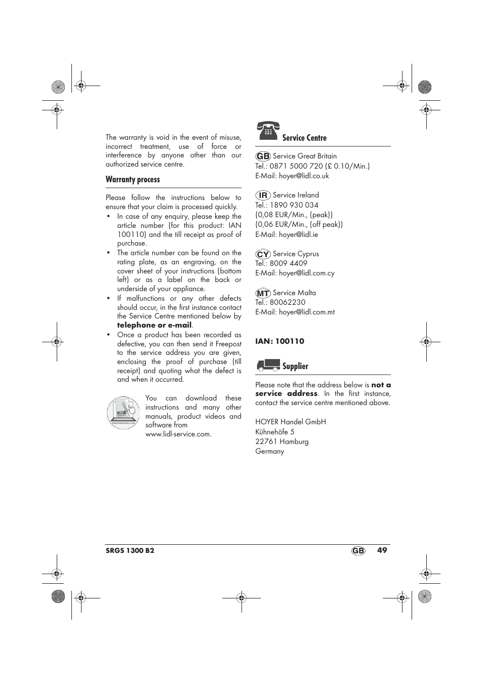 Warranty process, Service centre, Supplier | Silvercrest SRGS 1300 B2 User Manual | Page 51 / 66