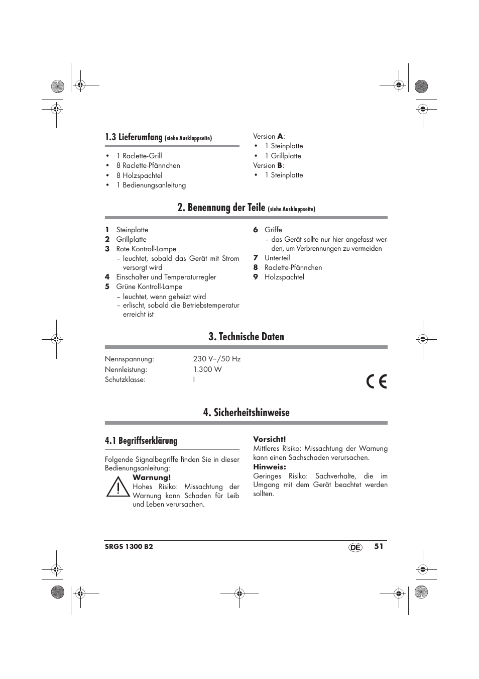 Benennung der teile, Technische daten, Sicherheitshinweise | 3 lieferumfang, 1 begriffserklärung | Silvercrest SRGS 1300 B2 User Manual | Page 53 / 66