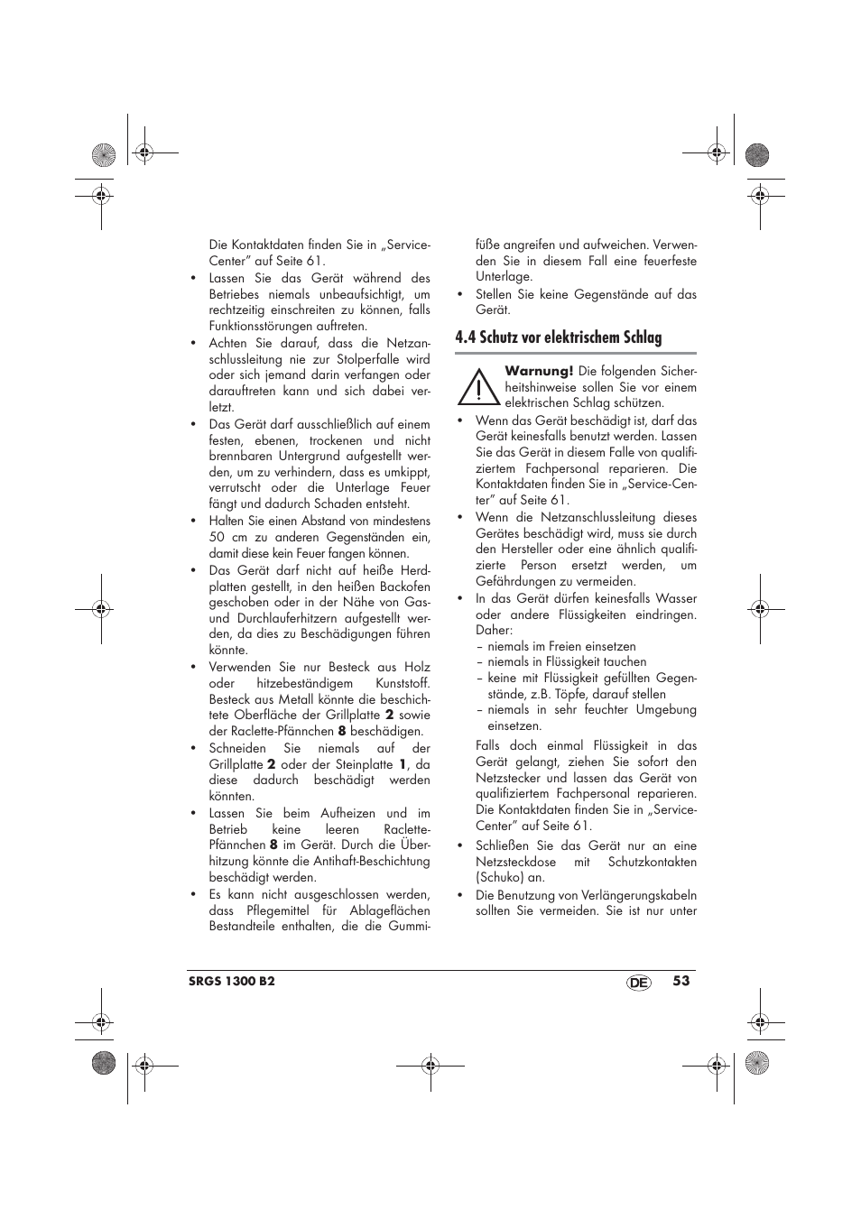 4 schutz vor elektrischem schlag | Silvercrest SRGS 1300 B2 User Manual | Page 55 / 66