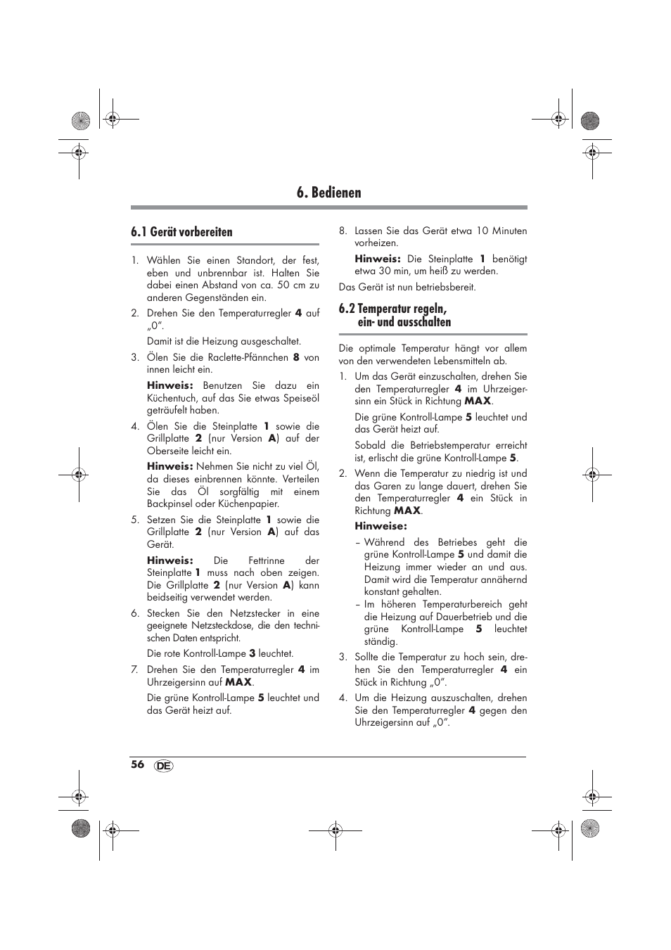 Bedienen, 1 gerät vorbereiten, 2 temperatur regeln, ein- und ausschalten | Silvercrest SRGS 1300 B2 User Manual | Page 58 / 66