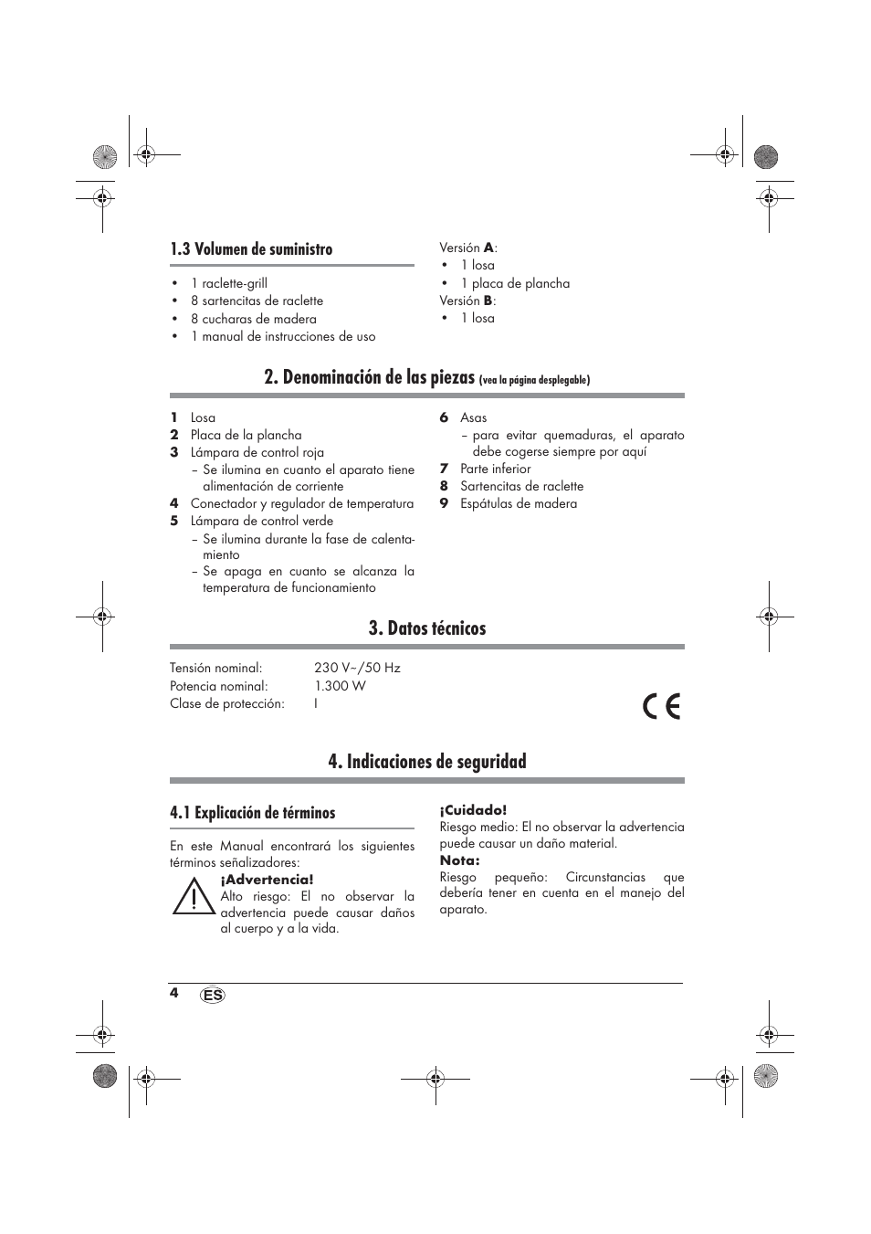 Denominación de las piezas, Datos técnicos, Indicaciones de seguridad | 3 volumen de suministro, 1 explicación de términos | Silvercrest SRGS 1300 B2 User Manual | Page 6 / 66