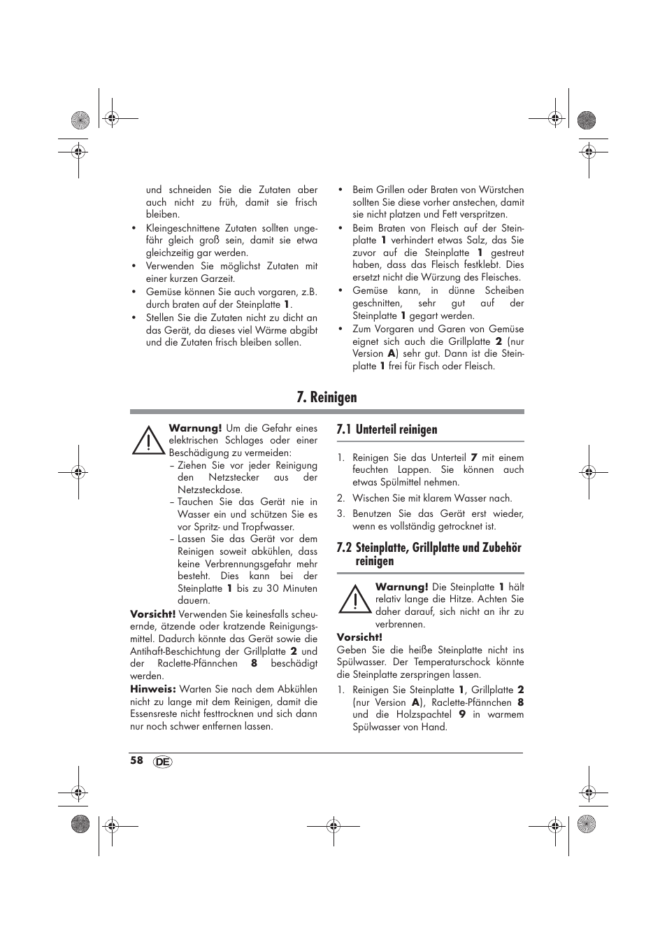 Reinigen, 1 unterteil reinigen, 2 steinplatte, grillplatte und zubehör reinigen | Silvercrest SRGS 1300 B2 User Manual | Page 60 / 66