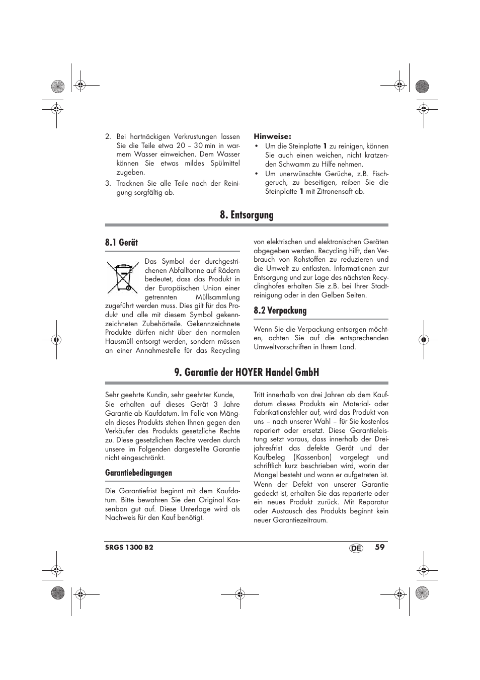 Entsorgung, Garantie der hoyer handel gmbh, 1 gerät | 2 verpackung | Silvercrest SRGS 1300 B2 User Manual | Page 61 / 66