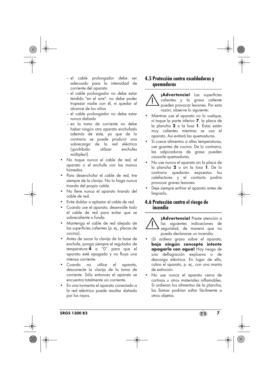 5 protección contra escaldaduras y quemaduras, 6 protección contra el riesgo de incendio | Silvercrest SRGS 1300 B2 User Manual | Page 9 / 66