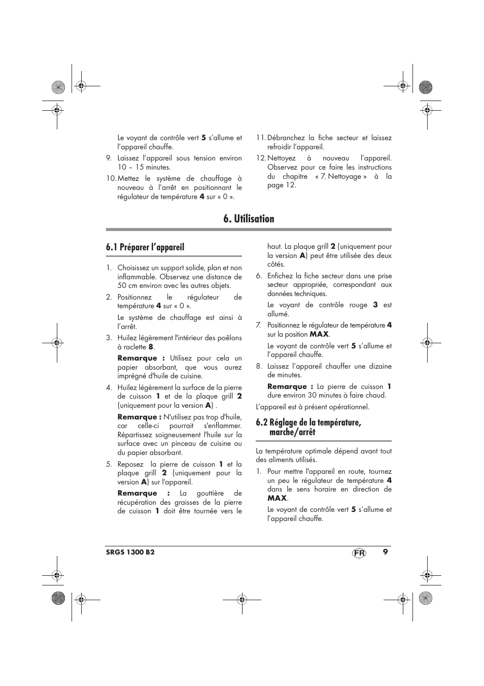 Utilisation, 1 préparer l’appareil, 2 réglage de la température, marche/arrêt | Silvercrest SRGS 1300 B2 User Manual | Page 11 / 54