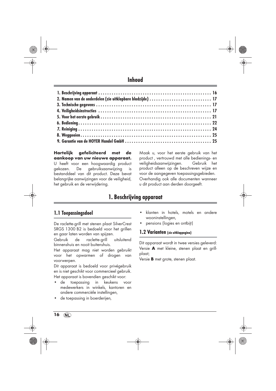 Inhoud, Beschrijving apparaat, 1 toepassingsdoel | 2 varianten | Silvercrest SRGS 1300 B2 User Manual | Page 18 / 54