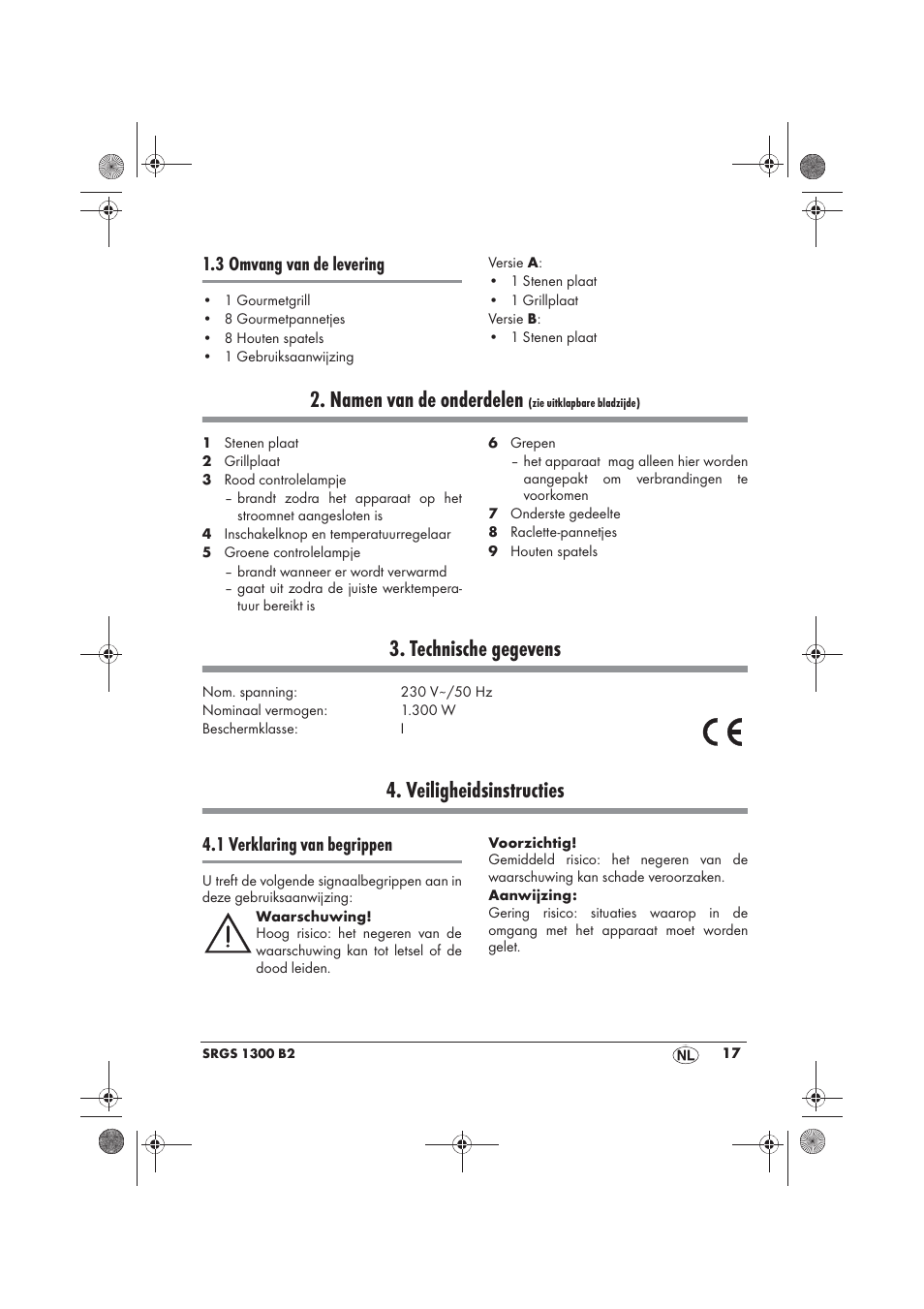 Namen van de onderdelen, Technische gegevens, Veiligheidsinstructies | 3 omvang van de levering, 1 verklaring van begrippen | Silvercrest SRGS 1300 B2 User Manual | Page 19 / 54