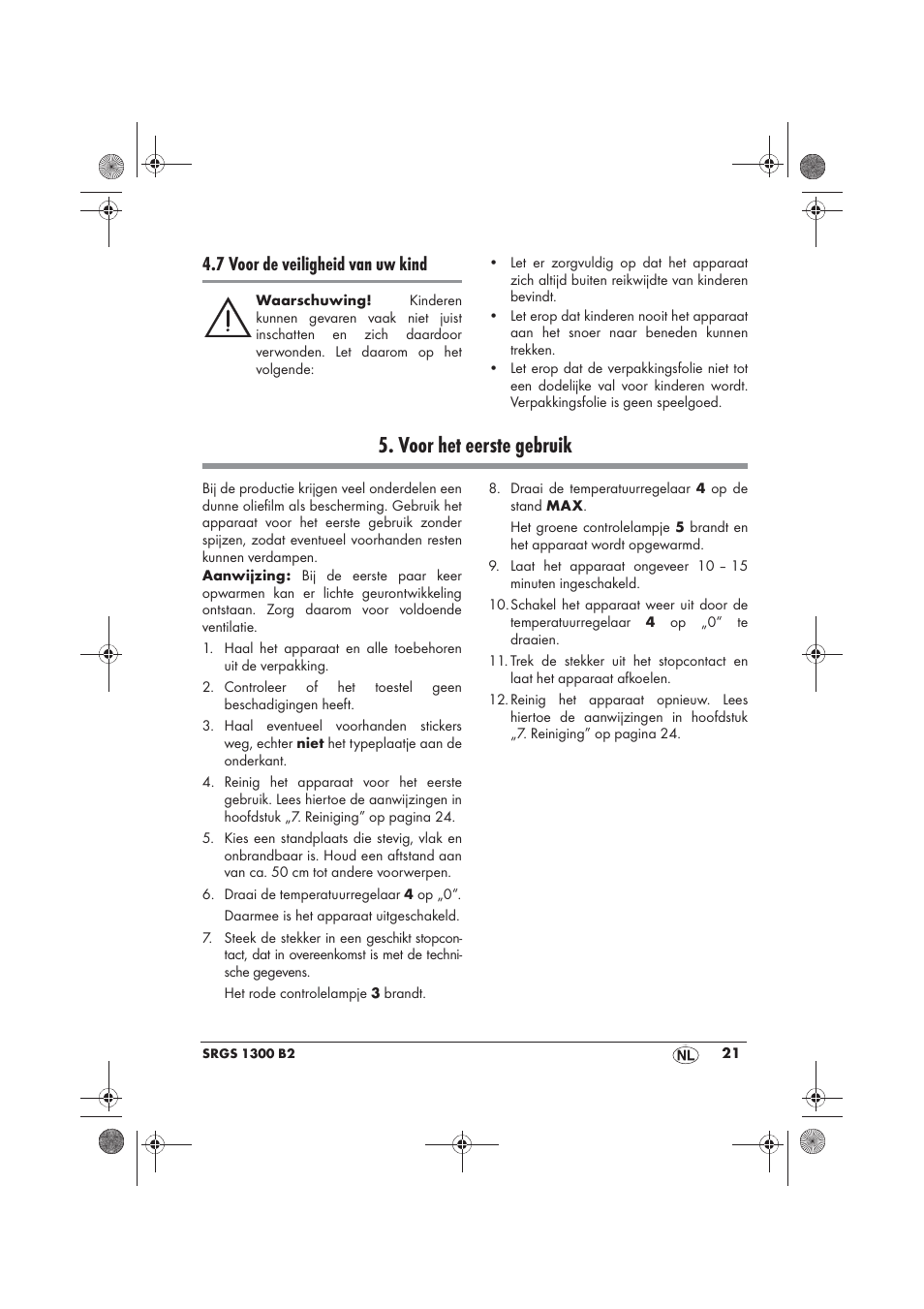 Voor het eerste gebruik, 7 voor de veiligheid van uw kind | Silvercrest SRGS 1300 B2 User Manual | Page 23 / 54