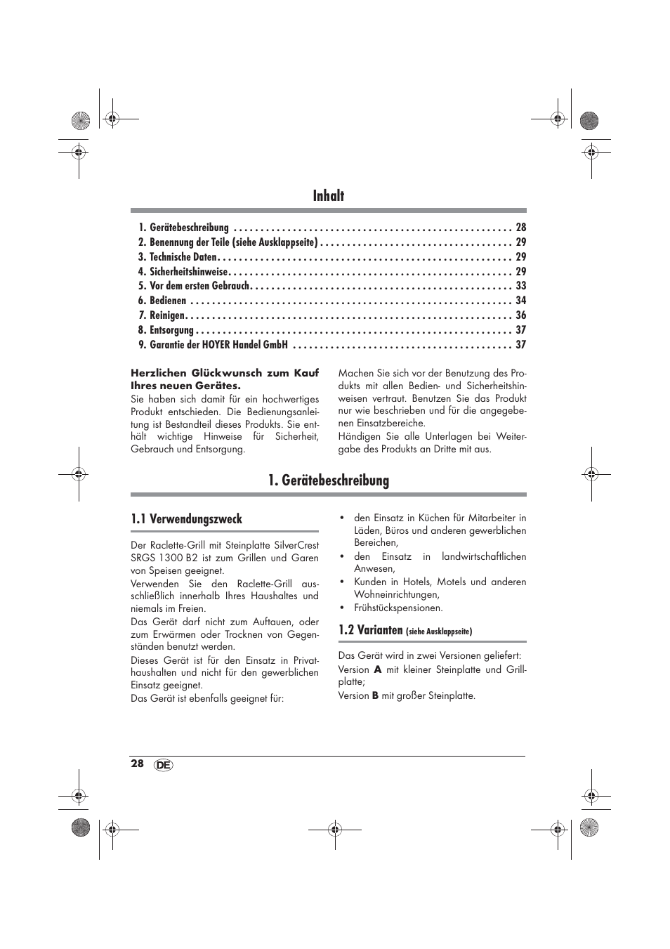 Inhalt, Gerätebeschreibung, 1 verwendungszweck | 2 varianten | Silvercrest SRGS 1300 B2 User Manual | Page 30 / 54