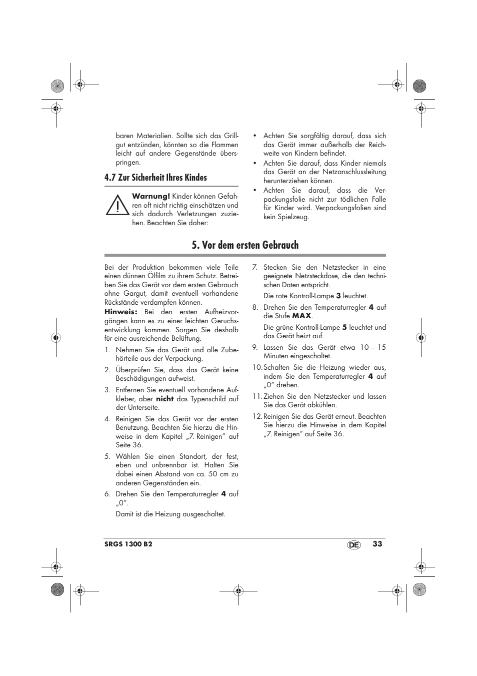 Vor dem ersten gebrauch, 7 zur sicherheit ihres kindes | Silvercrest SRGS 1300 B2 User Manual | Page 35 / 54