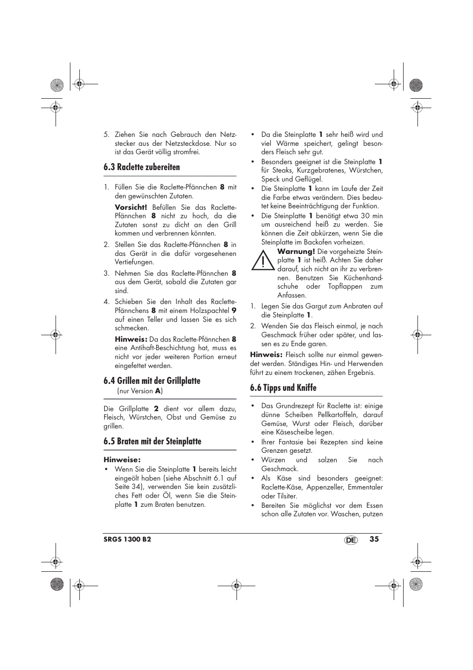 3 raclette zubereiten, 4 grillen mit der grillplatte, 5 braten mit der steinplatte | 6 tipps und kniffe | Silvercrest SRGS 1300 B2 User Manual | Page 37 / 54