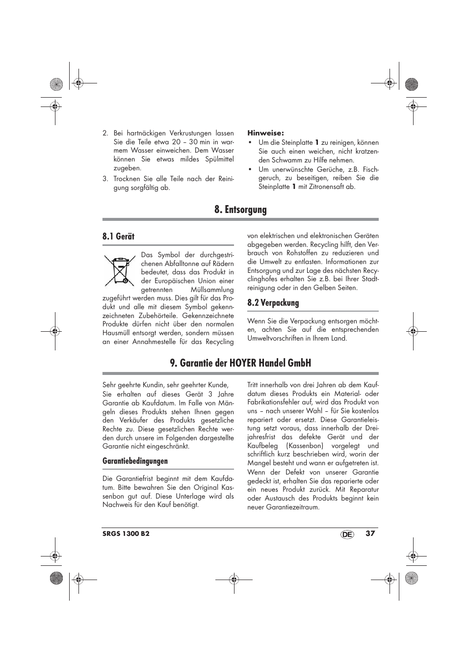 Entsorgung, Garantie der hoyer handel gmbh, 1 gerät | 2 verpackung | Silvercrest SRGS 1300 B2 User Manual | Page 39 / 54