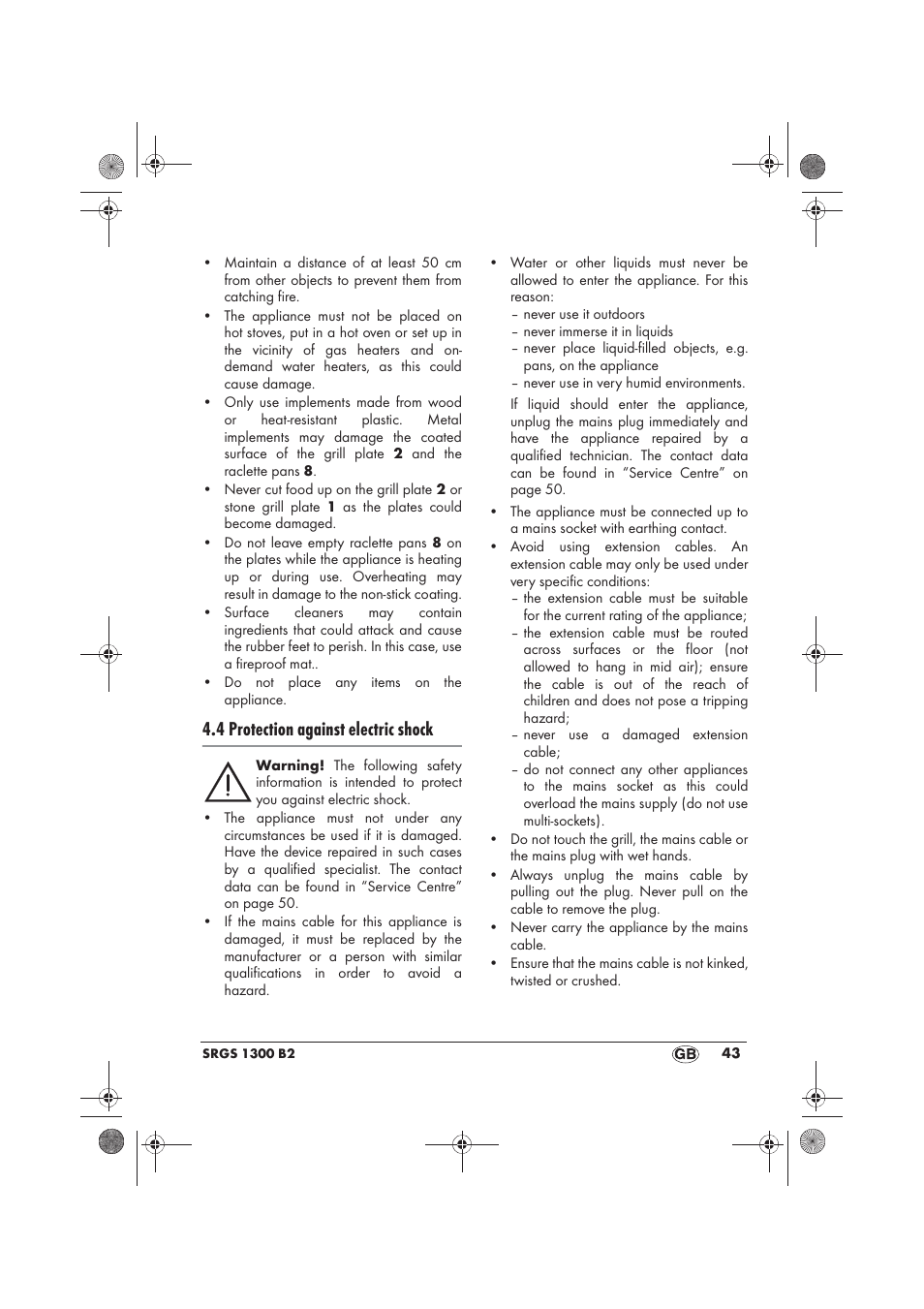 4 protection against electric shock | Silvercrest SRGS 1300 B2 User Manual | Page 45 / 54