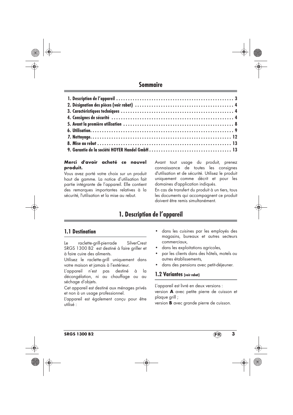 Sommaire, Description de l’appareil, 1 destination | 2 variantes | Silvercrest SRGS 1300 B2 User Manual | Page 5 / 54