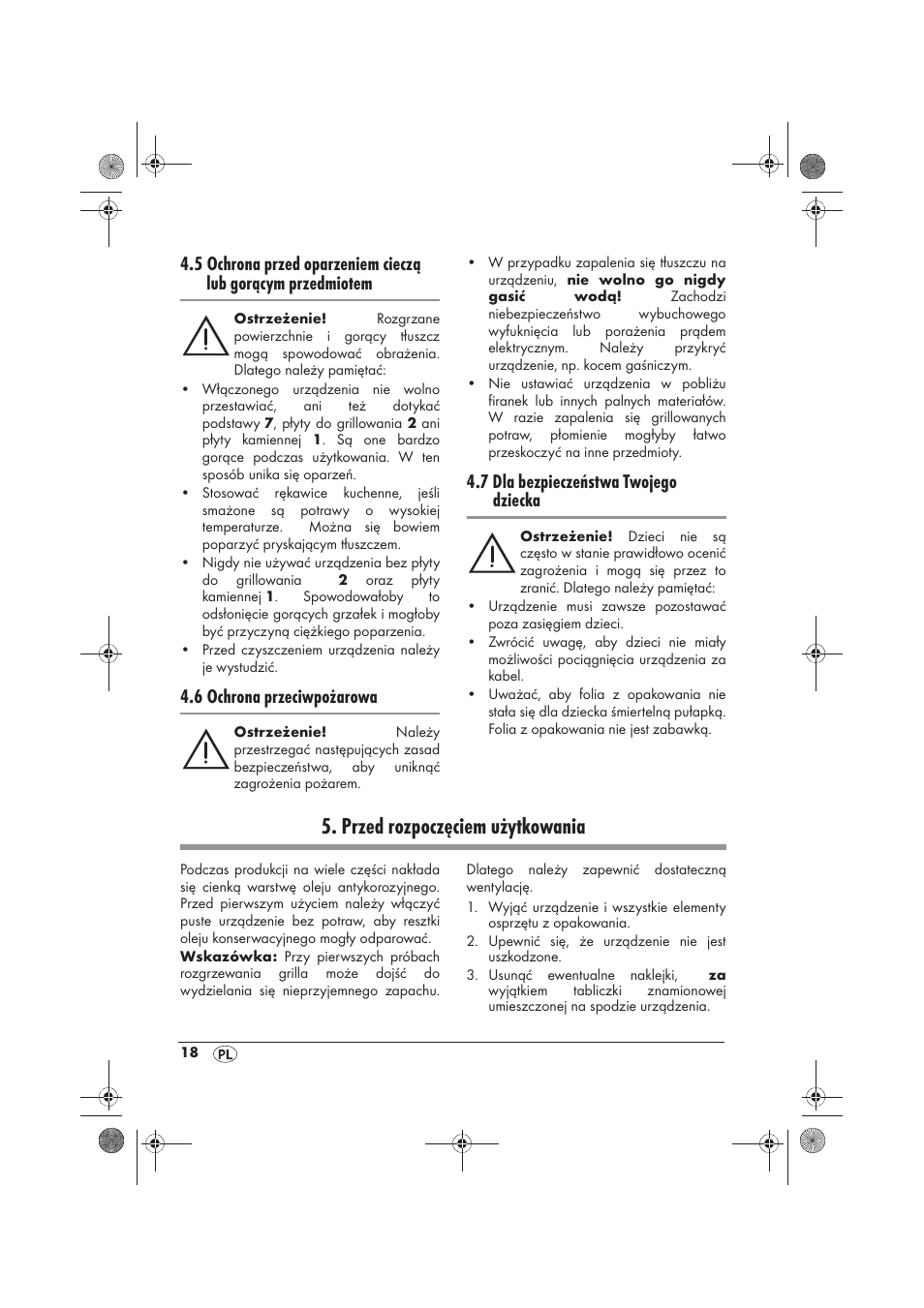 Przed rozpoczęciem użytkowania, 6 ochrona przeciwpożarowa, 7 dla bezpieczeństwa twojego dziecka | Silvercrest SRGS 1300 B2 User Manual | Page 20 / 86