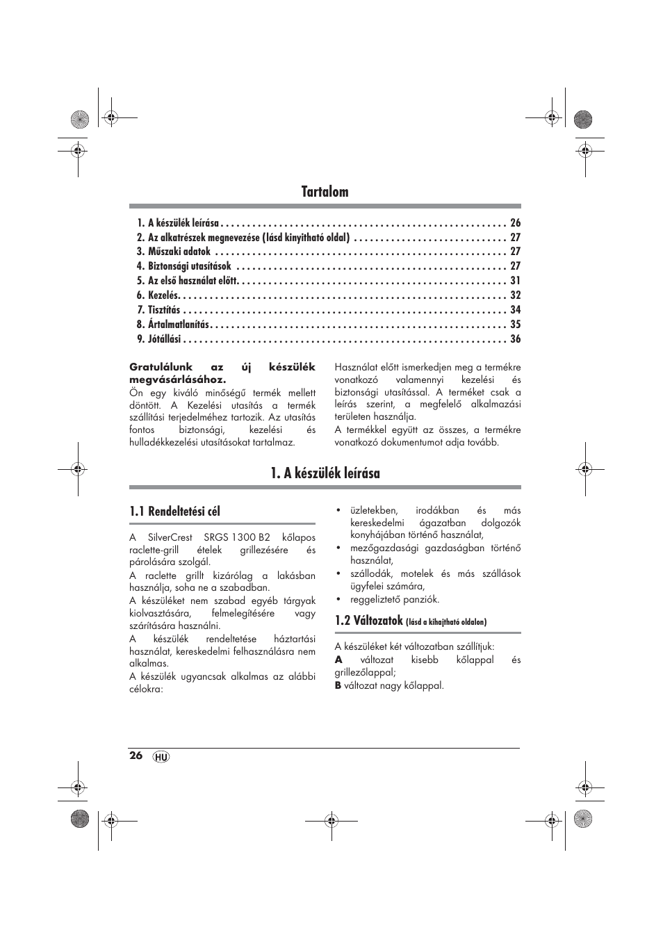 Tartalom, A készülék leírása, 1 rendeltetési cél | 2 változatok | Silvercrest SRGS 1300 B2 User Manual | Page 28 / 86