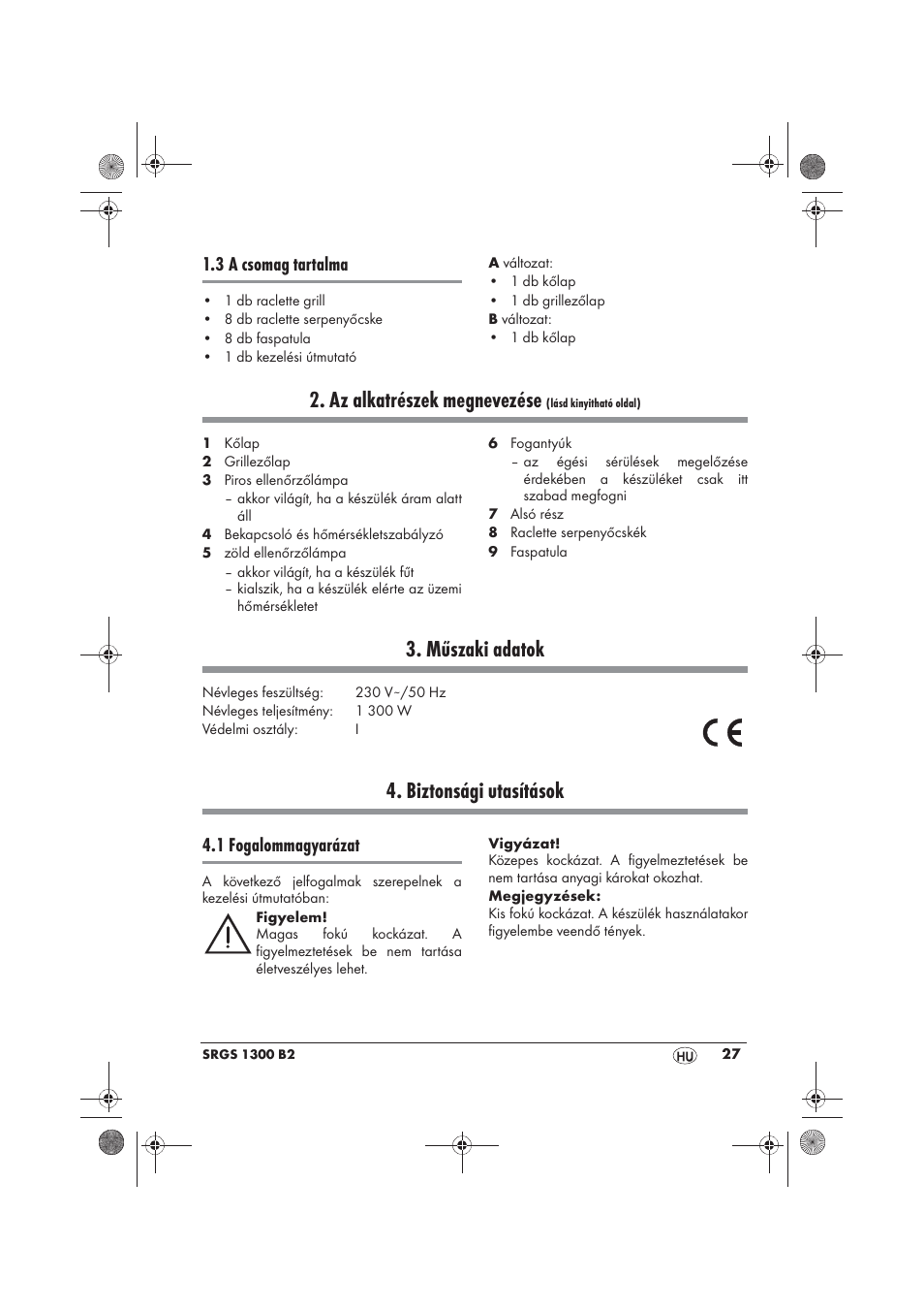 Az alkatrészek megnevezése, Műszaki adatok, Biztonsági utasítások | 3 a csomag tartalma, 1 fogalommagyarázat | Silvercrest SRGS 1300 B2 User Manual | Page 29 / 86