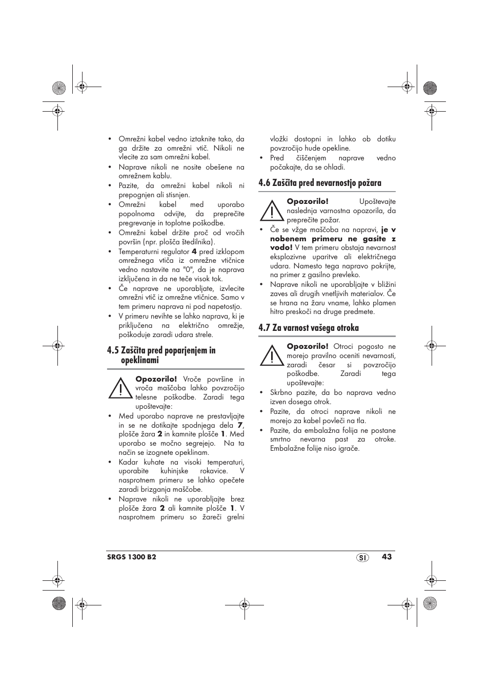 5 zaščita pred poparjenjem in opeklinami, 6 zaščita pred nevarnostjo požara, 7 za varnost vašega otroka | Silvercrest SRGS 1300 B2 User Manual | Page 45 / 86