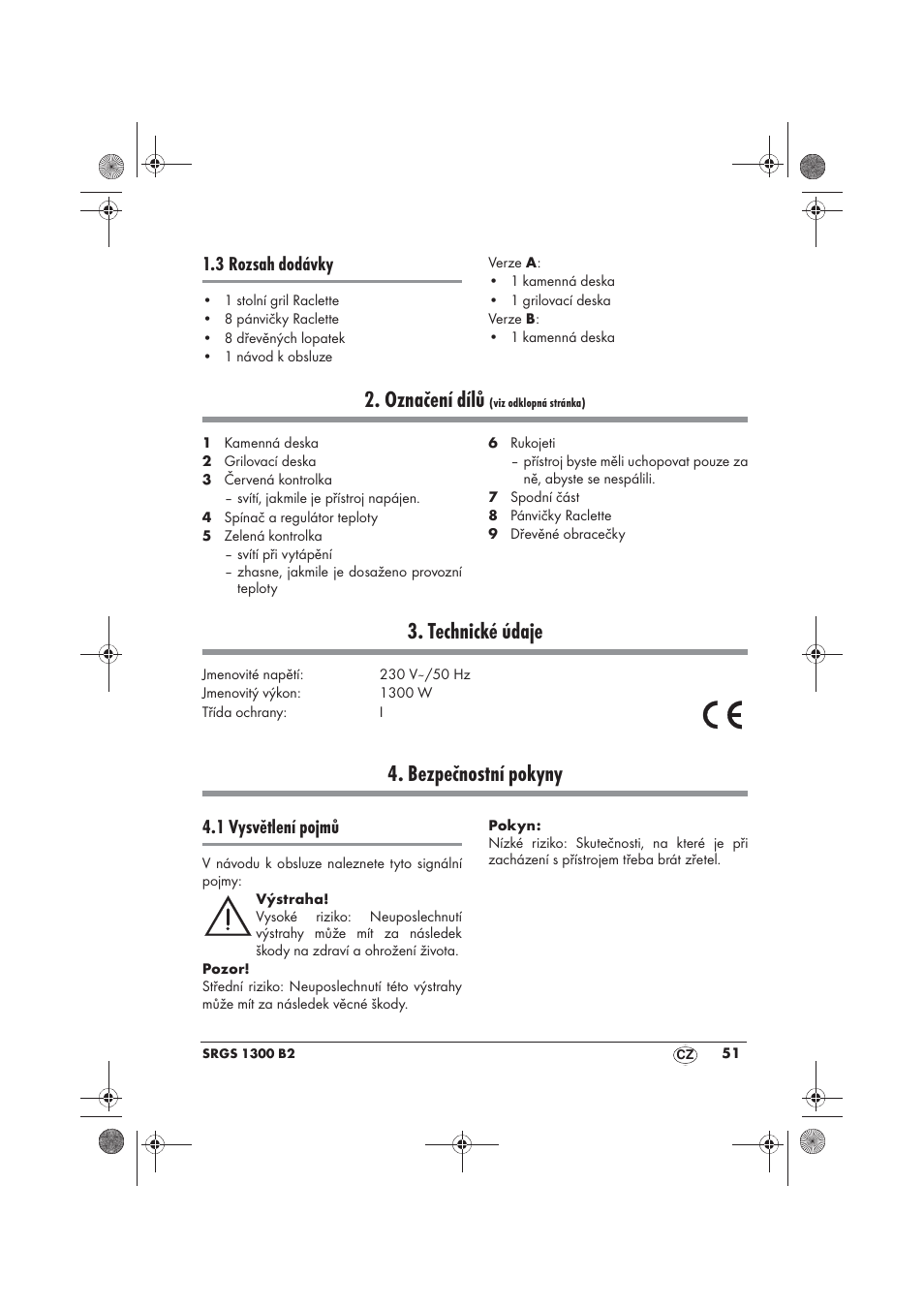 Označení dílů, Technické údaje, Bezpečnostní pokyny | 3 rozsah dodávky, 1 vysvětlení pojmů | Silvercrest SRGS 1300 B2 User Manual | Page 53 / 86