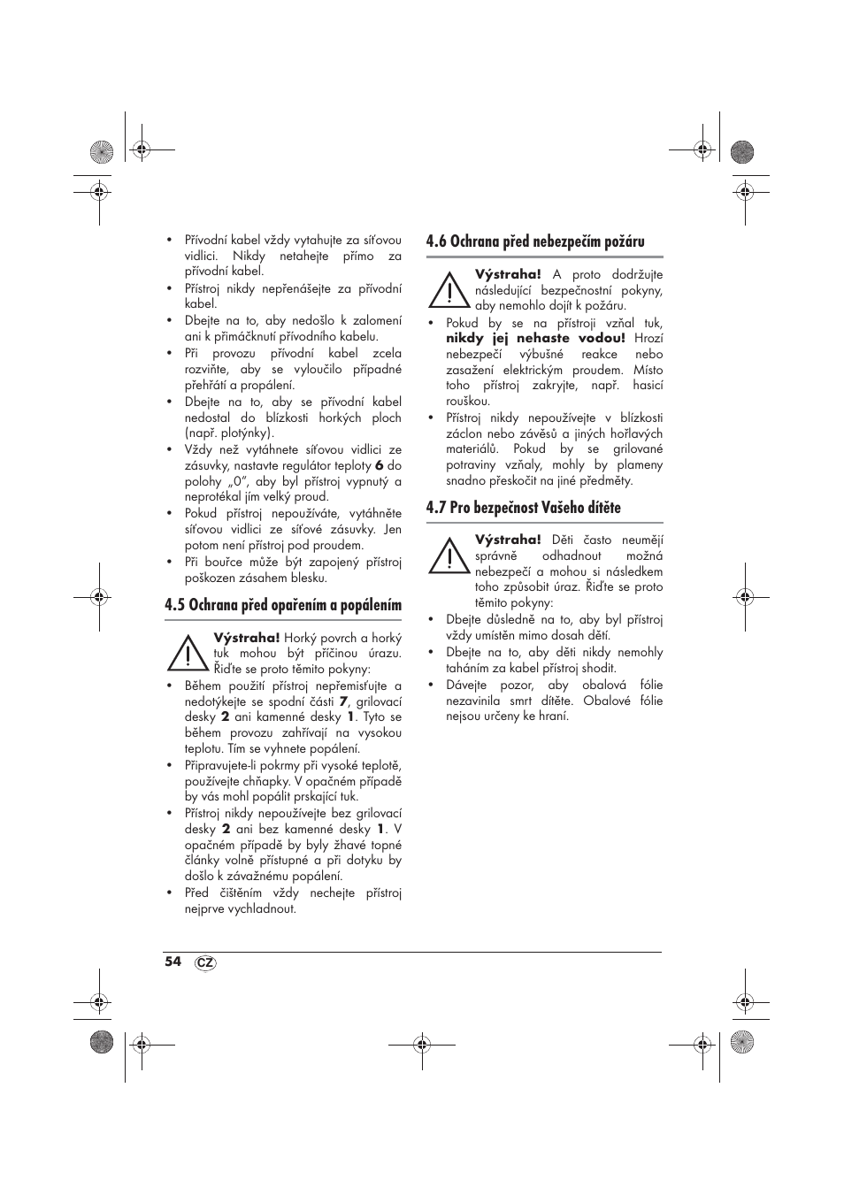 5 ochrana před opařením a popálením, 6 ochrana před nebezpečím požáru, 7 pro bezpečnost vašeho dítěte | Silvercrest SRGS 1300 B2 User Manual | Page 56 / 86
