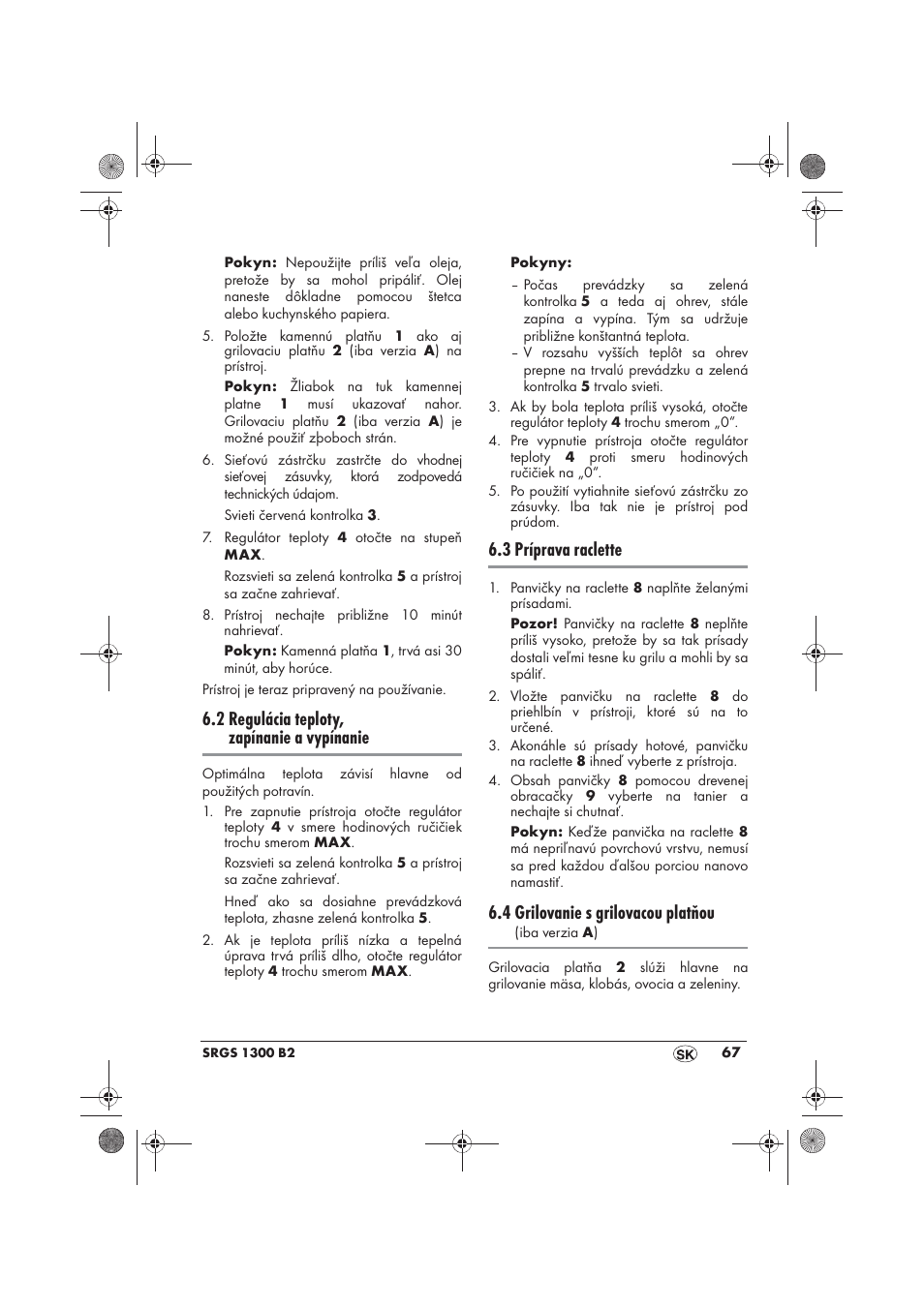 2 regulácia teploty, zapínanie a vypínanie, 3 príprava raclette, 4 grilovanie s grilovacou platňou | Silvercrest SRGS 1300 B2 User Manual | Page 69 / 86