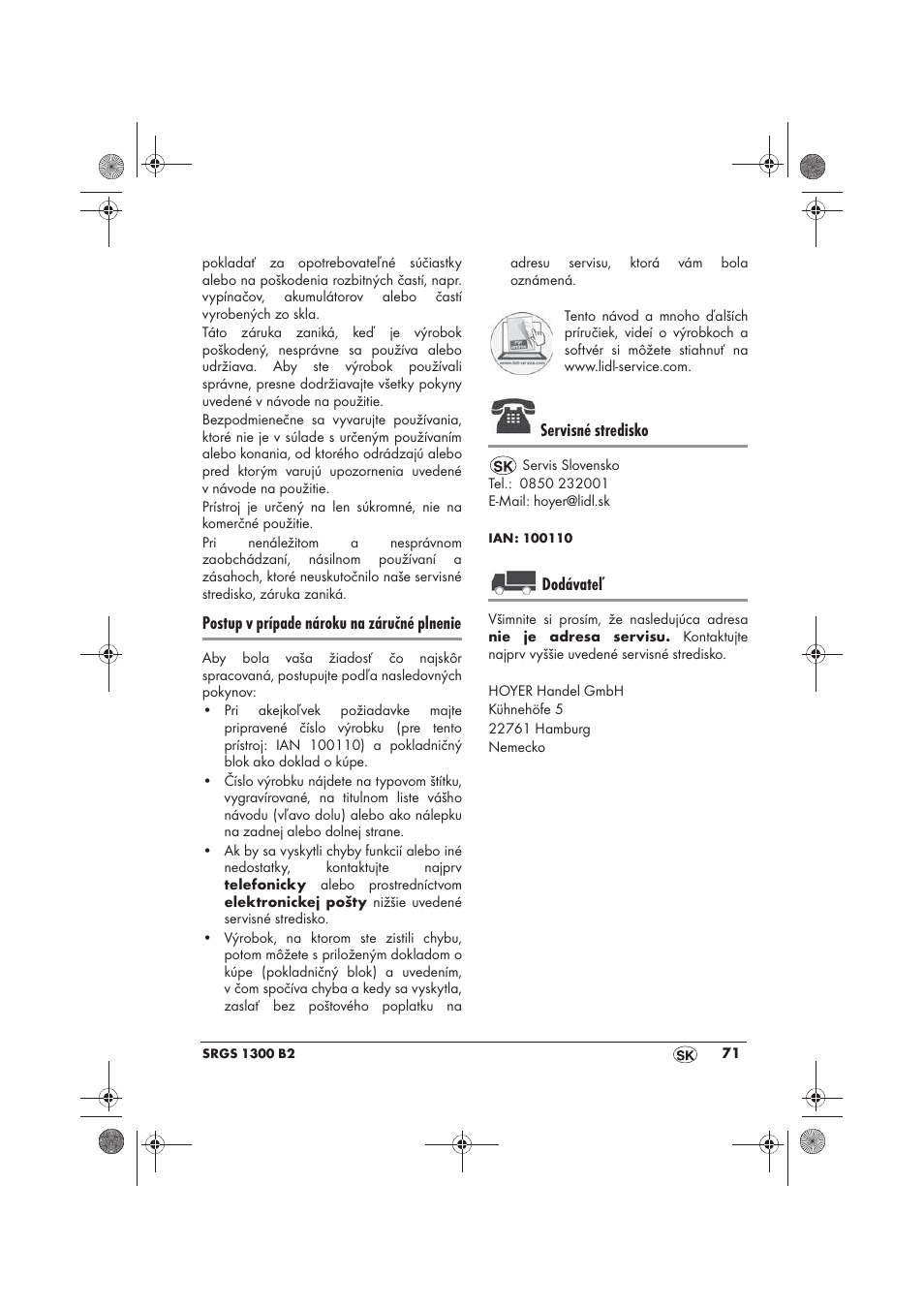Postup v prípade nároku na záručné plnenie, Servisné stredisko, Dodávateľ | Silvercrest SRGS 1300 B2 User Manual | Page 73 / 86